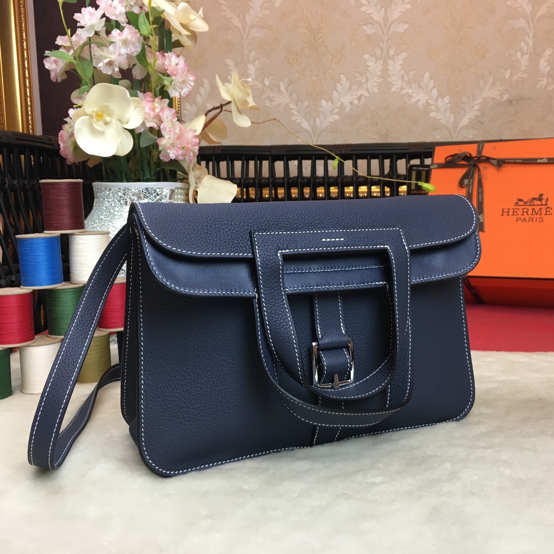 Hermes Halzan 31 Handbag Shoulder Bag In Blue Nuit Clemence Leather